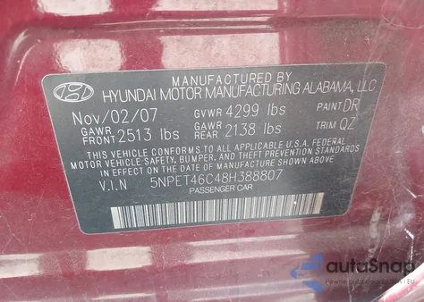 2008 Hyundai Sonata Gls z USA, uszkodzony, nr VIN 5NPET46C48H388807